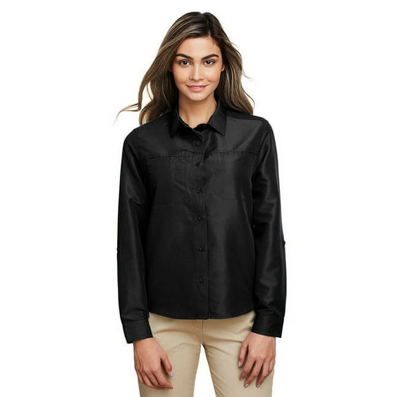 Harriton M580LW Women's Key West Long Sleeve Performance Staff Shirt-Black-2XL