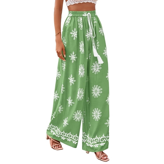 Women'S Wide Leg Palazzo Pants Boho Floral Trousers Flowy Beach Vacation Clothes Resort Wear Green L