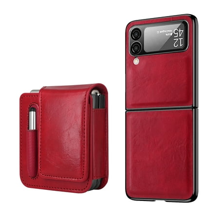 ELEHOLD Leather Case for Samsung Galaxy Z Flip 4, with Tempered Glass Lens Protector 360° Rotating Belt Clip Holster Pen Slot Full Body Protective Case for Samsung Galaxy Z Flip 4,Red