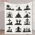 thumbnail image 2 of 1pc Halloween Silhouette Flannel Blanket - Soft & Warm, 2D Flat Print with Church, Crosses, Graves, Bats, Fence & Cemetery Designs, Perfect for Sofa, Office, Bed, Camping & Travel, All-Season Gift, C, 2 of 10