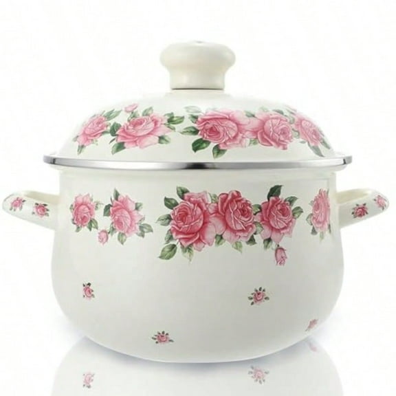 Retro Flower Enamel Stockpot with LidStockpots for Cooking Pink 5QT
