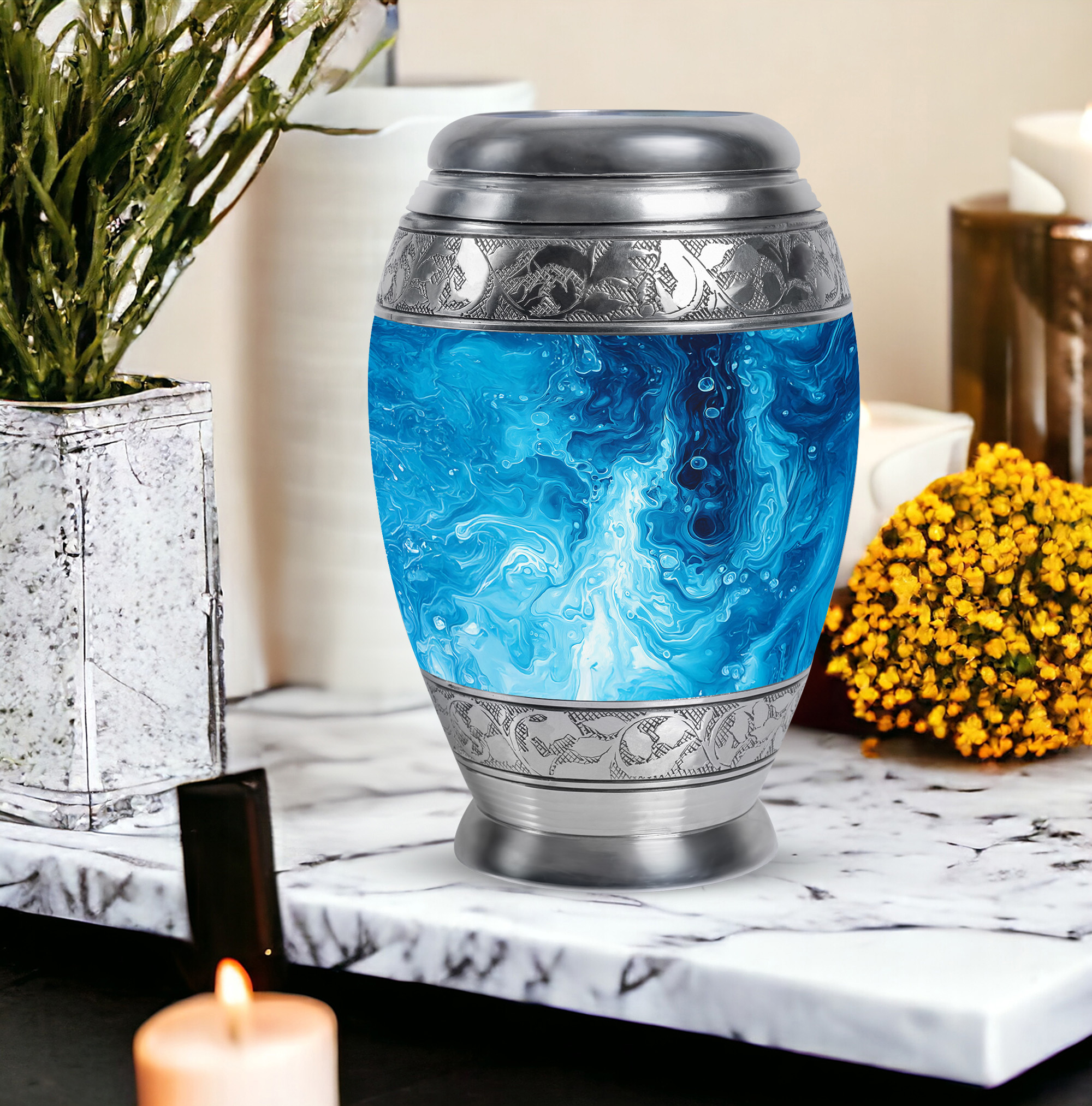 Yatskia Blue Swirl Urns For Human Ashes Adult Female & Male, Burial Urns For Adult Human Ashes, (Monar Large, 10 Inch)