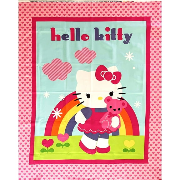 1 Panel - Hello Kitty Teddy Bear & Rainbow Cotton Fabric Panel (Great for Quilting, Sewing, Craft Projects, Wall Hangings, and More) 36" X 44"