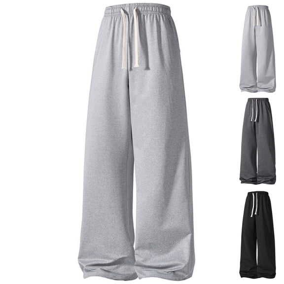 HAJWOH Pants for Mens Solid Color Loose Wide Leg Joggers Casual Drawstring Elastic Waist Relaxed Lounge Pants