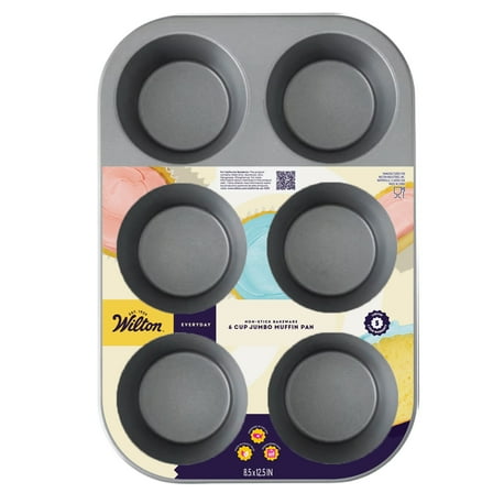 Wilton Everyday 6-Cup Non-Stick Muffin Pan Jumbo Cupcake Tin 12.5" x 8.5" x 0.52", Packaging May Vary