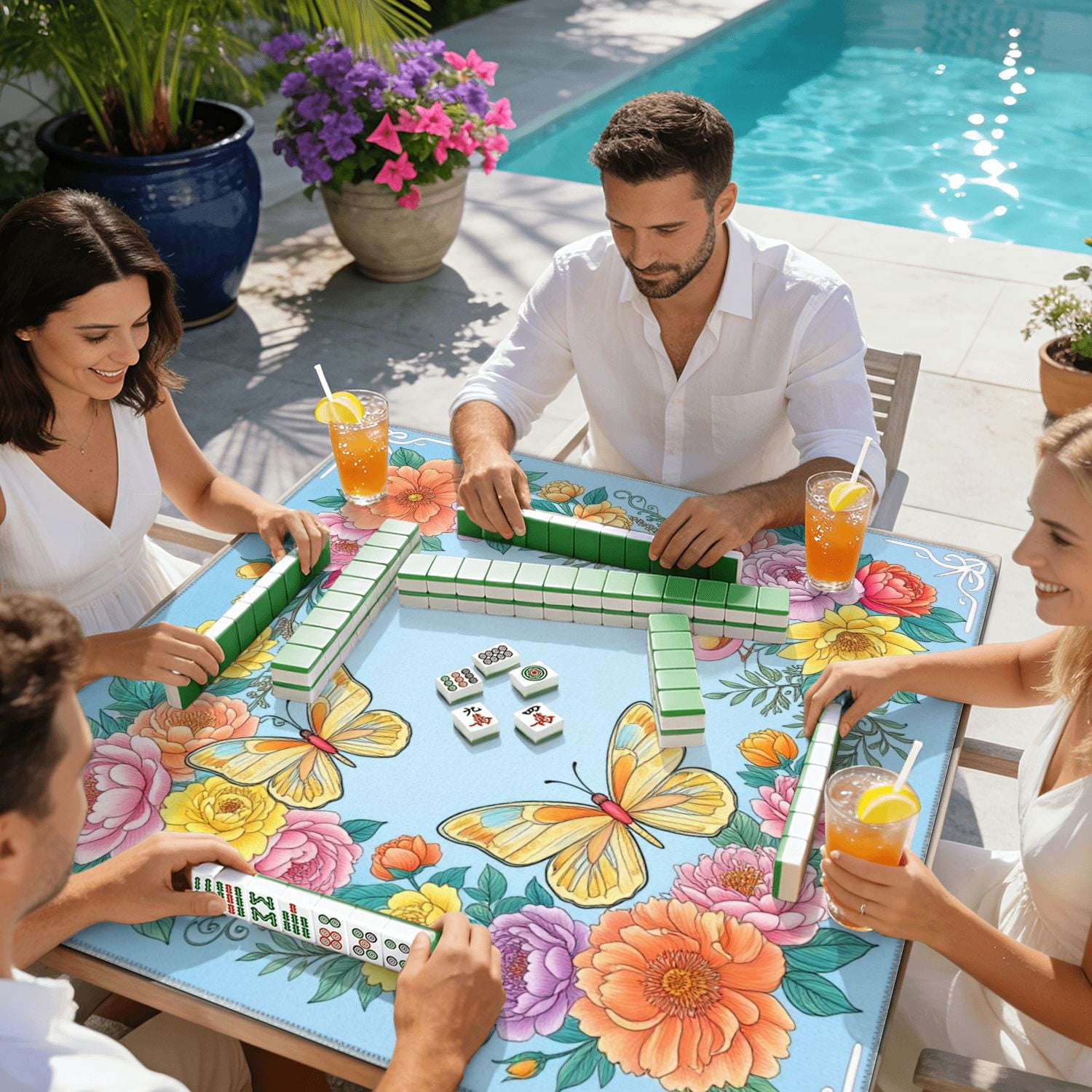 Mahjong Mat 31.5" x 31.5" Floral Butterfly Bird Pastel Flowers Elegant Design Non-Slip Noise Reduction American Mahjong Tiles Table Cover for Dominoes Poker Card Board Games Gift