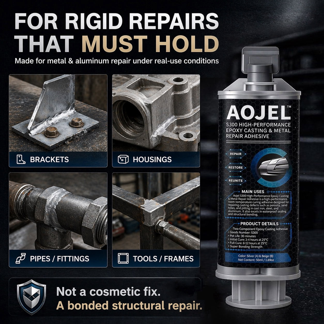 AOJEL S300 Metal Epoxy Adhesive, 2-Part Repair Glue for Metal & Aluminum, 2-Pack, 3.38 oz