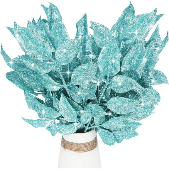 20Pcs Christmas Glitter Leaves Bay Leaves Spray,13.1In Blue Winter Floral Stems for Christmas Tree,Artificial Christmas Spray Picks for Tree,Wreath,Holiday Decor