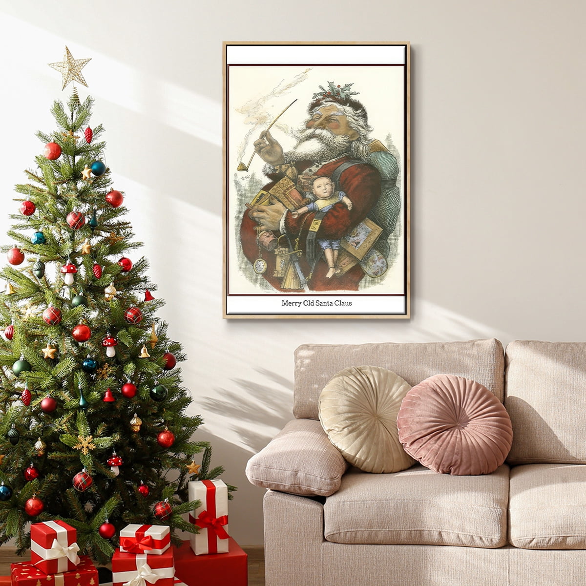 Merry Santa - Framed Gallery Wrapped Holiday Canvas - 17 x 25 - Natural Wood Frame