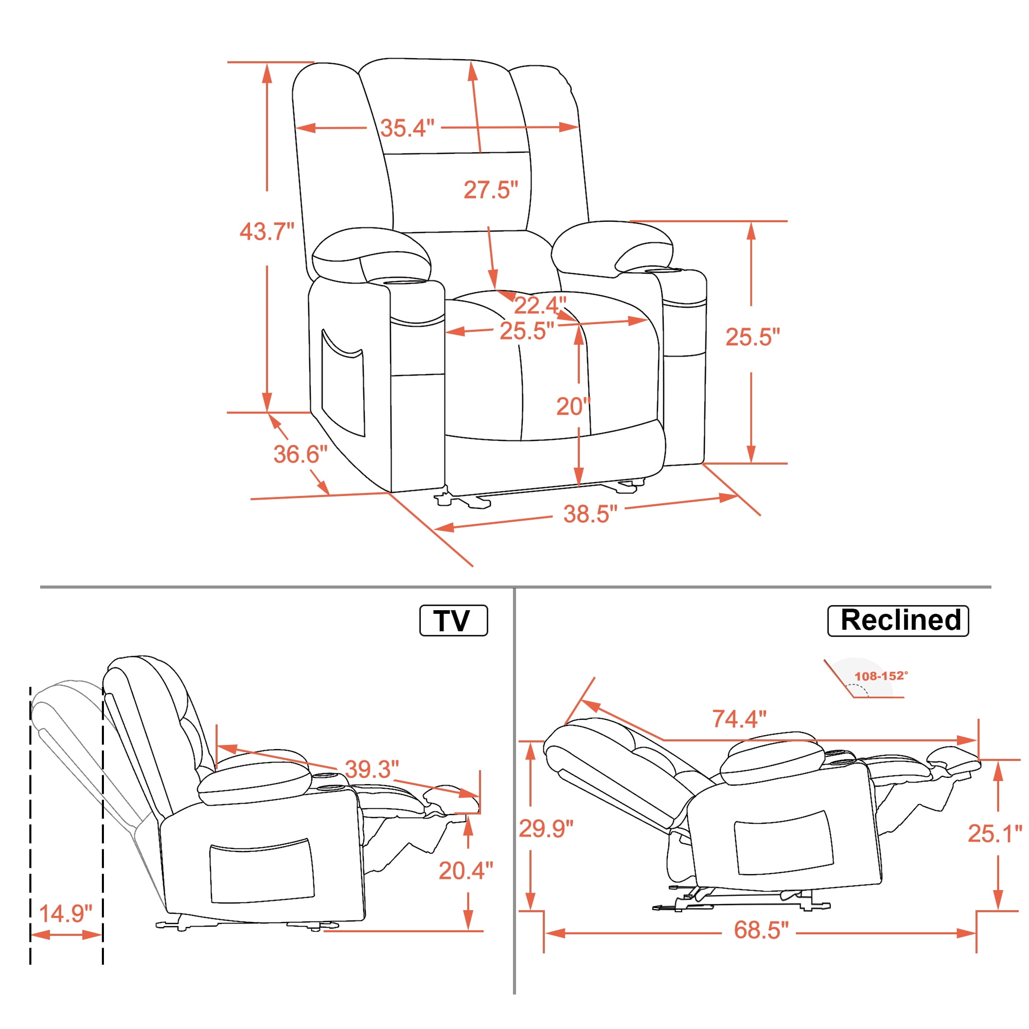MCombo Electric Power Recliner Chair with Heat and Massage, USB Ports, Cup Holders, Reclining Chair for Living Room 670 (Beige)