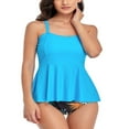 thumbnail image 2 of AMERTEER Summer Ladies Split Swimwear Set  Solid Color Flouncing Camisole + Leaves Printing Mid Waist Shorts Large Size Swimsuit, 2 of 7