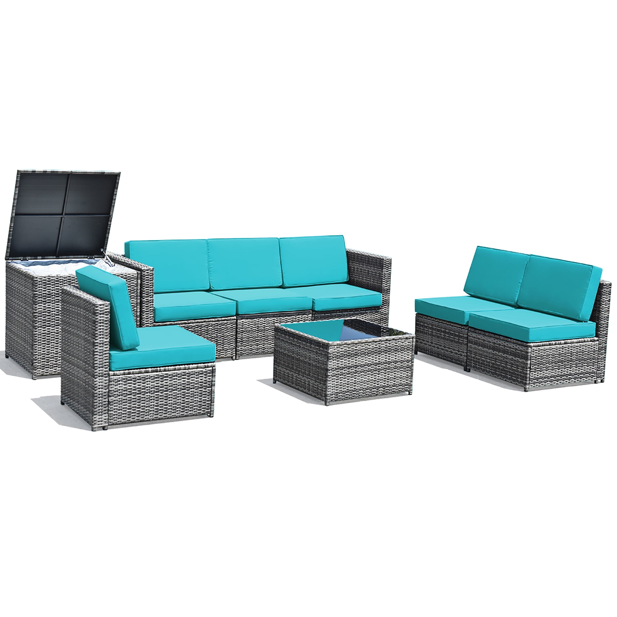 Costway 8 PCS Wicker Sofa Rattan Furniture Set Patio Furniture w/ Storage Table Turquoise