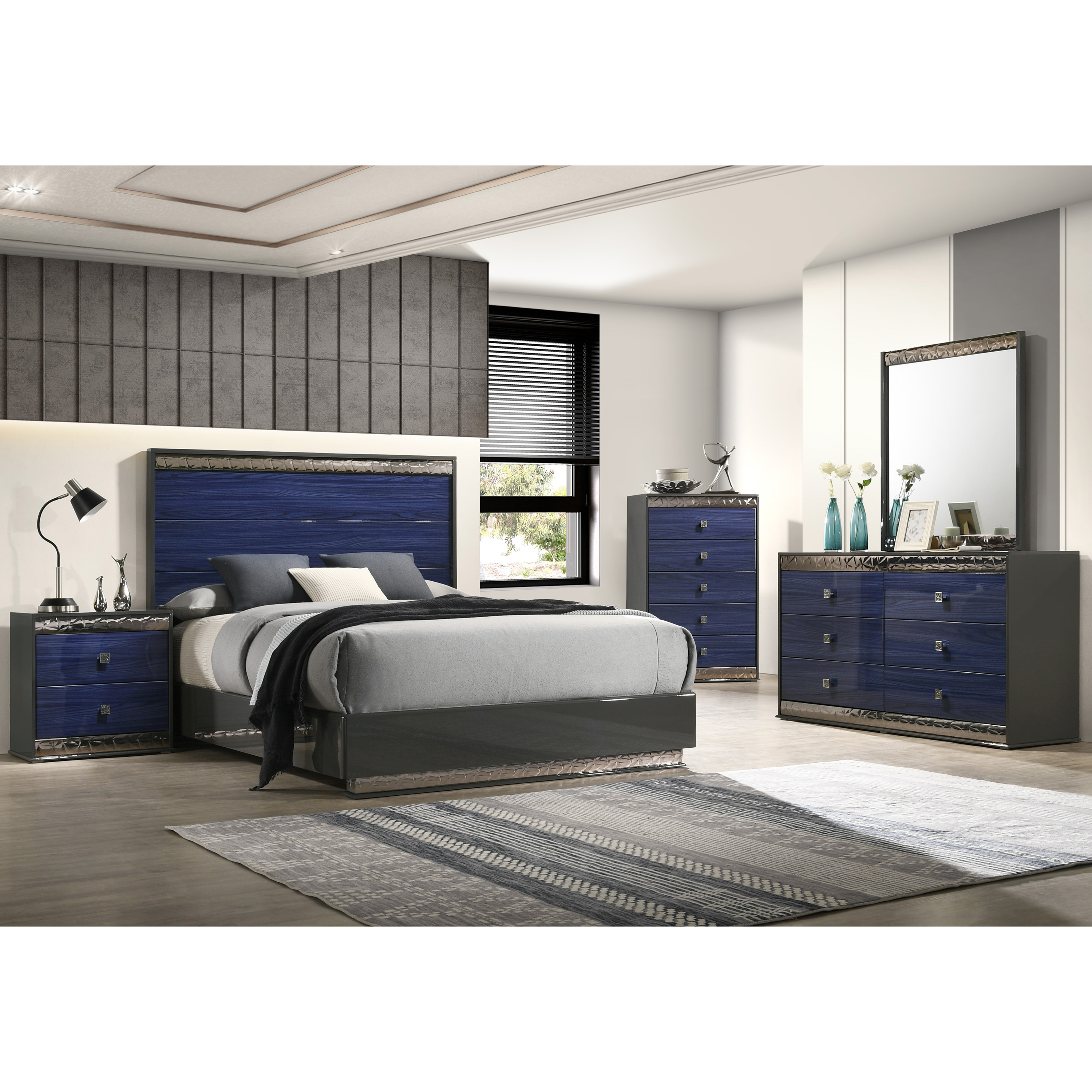 Furniture of America Kensing Solid Wood Platform Bed, King, Ash Gray and Indigo Blue