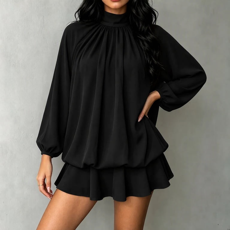 Ruimatai Women's Solid Mock Neck Long Sleeve Romper Dress, Loose Flowy ...
