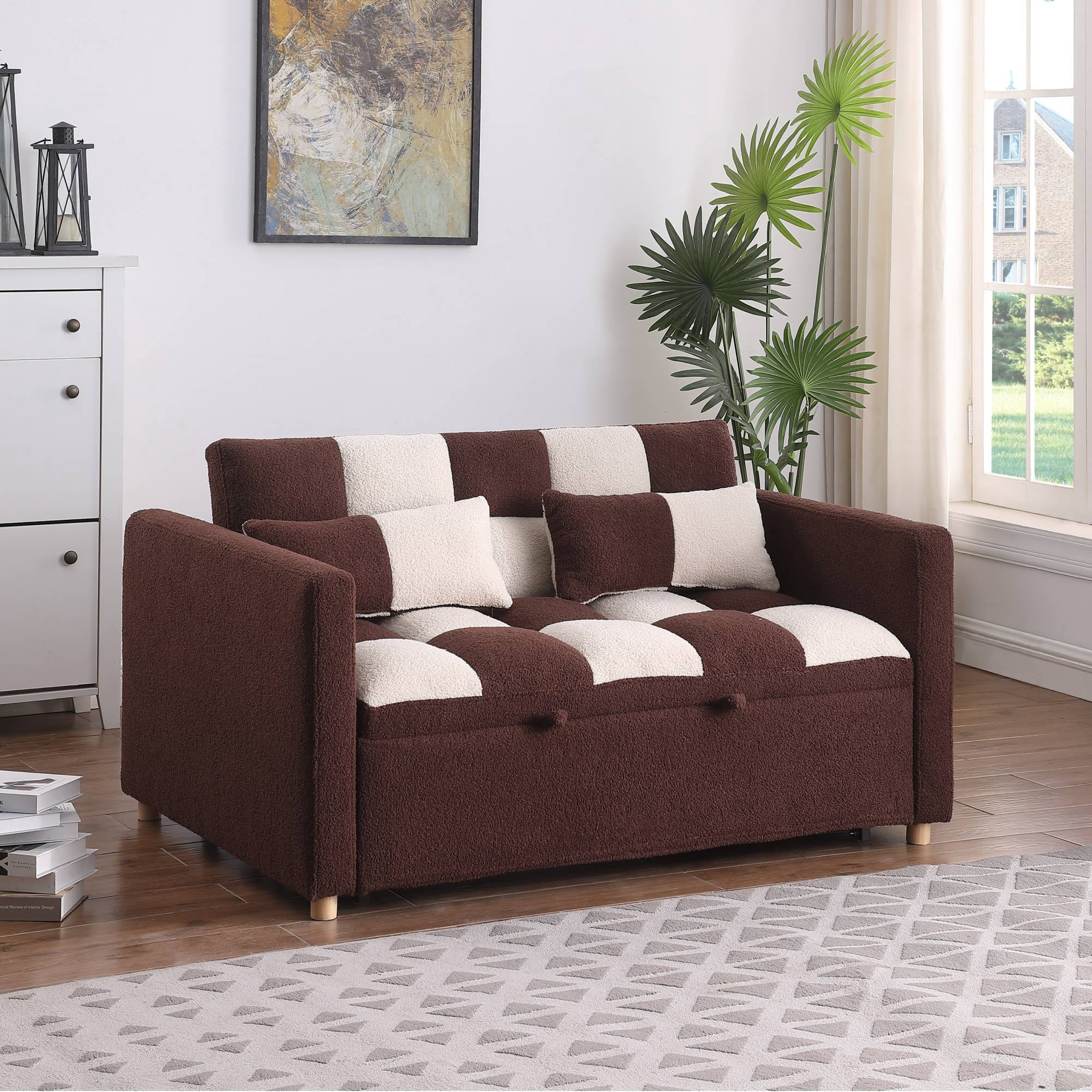 3 in 1 Convertible Pull Out Sofa Bed, Teddy Sleeper Sofa Couch with Adjustable Backrest, Loveseat with Pull Out Bed for Living Room, Red