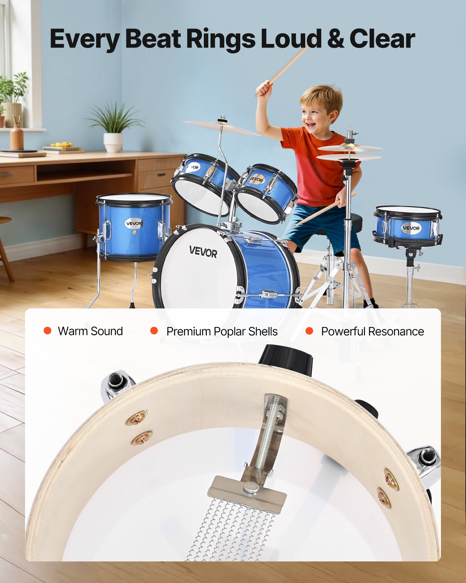 VEVOR Kids Drum Set, 5-Piece 14 in Junior Drum Sets, Beginner Drums Set with Adjustable Throne,Cymbal & Two Pairs of Drumsticks, Musical Learning Drums Instruments Kit,for Children Ages 6-13 (Blue)