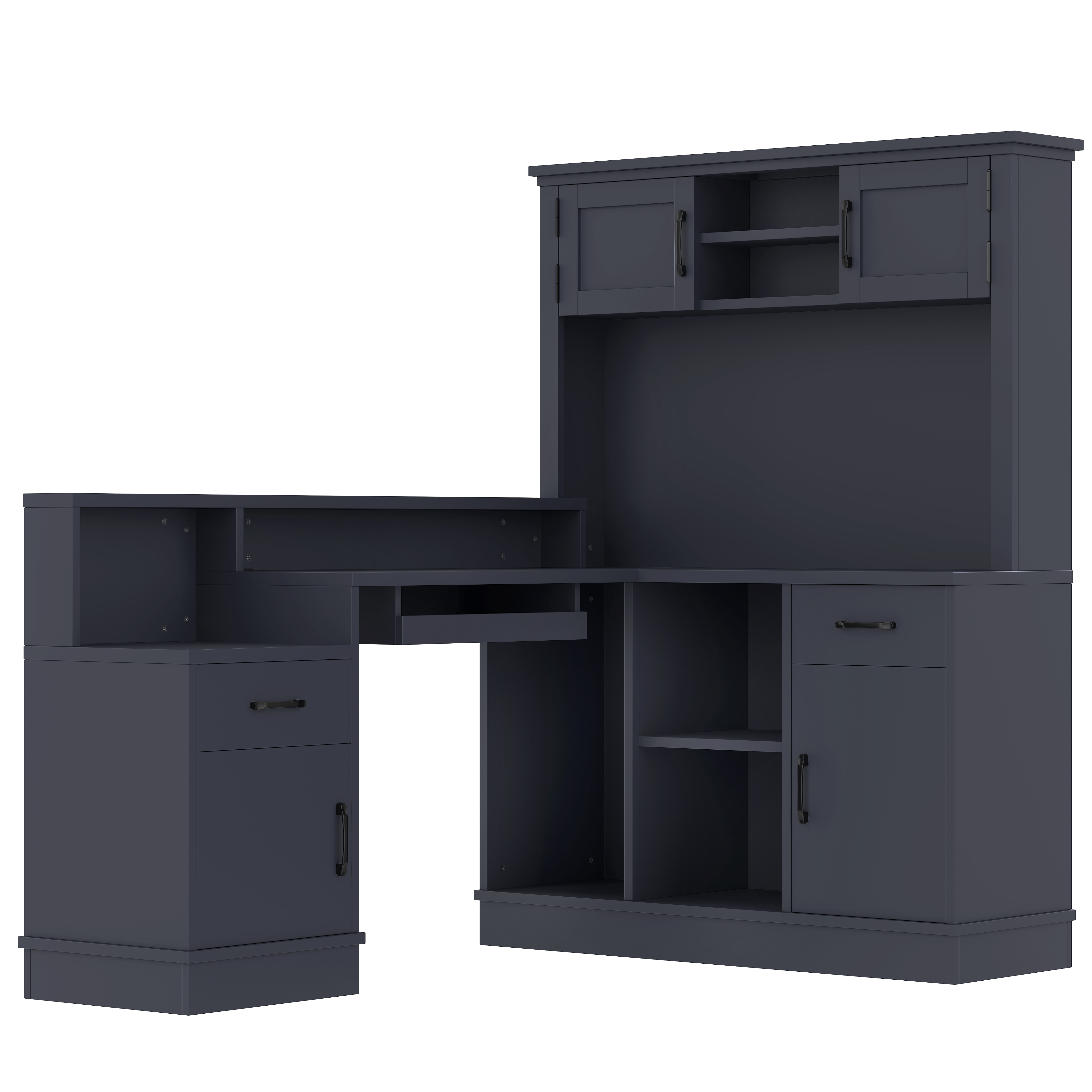 Newest Modern L-Shaped Desk with Built-in Outlet & Storage, 4-Cabinet 2-Drawer Computer Desk for Home Office, Blue
