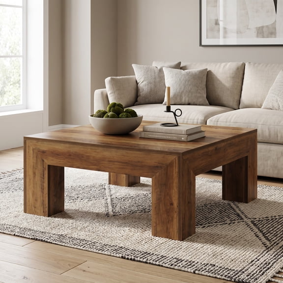 Fnova 39.4" Square Coffee Table, Farmhouse Wood Accent Center Cocktail Table with Sturdy Wooden Legs for Living Room, Easy Assembly
