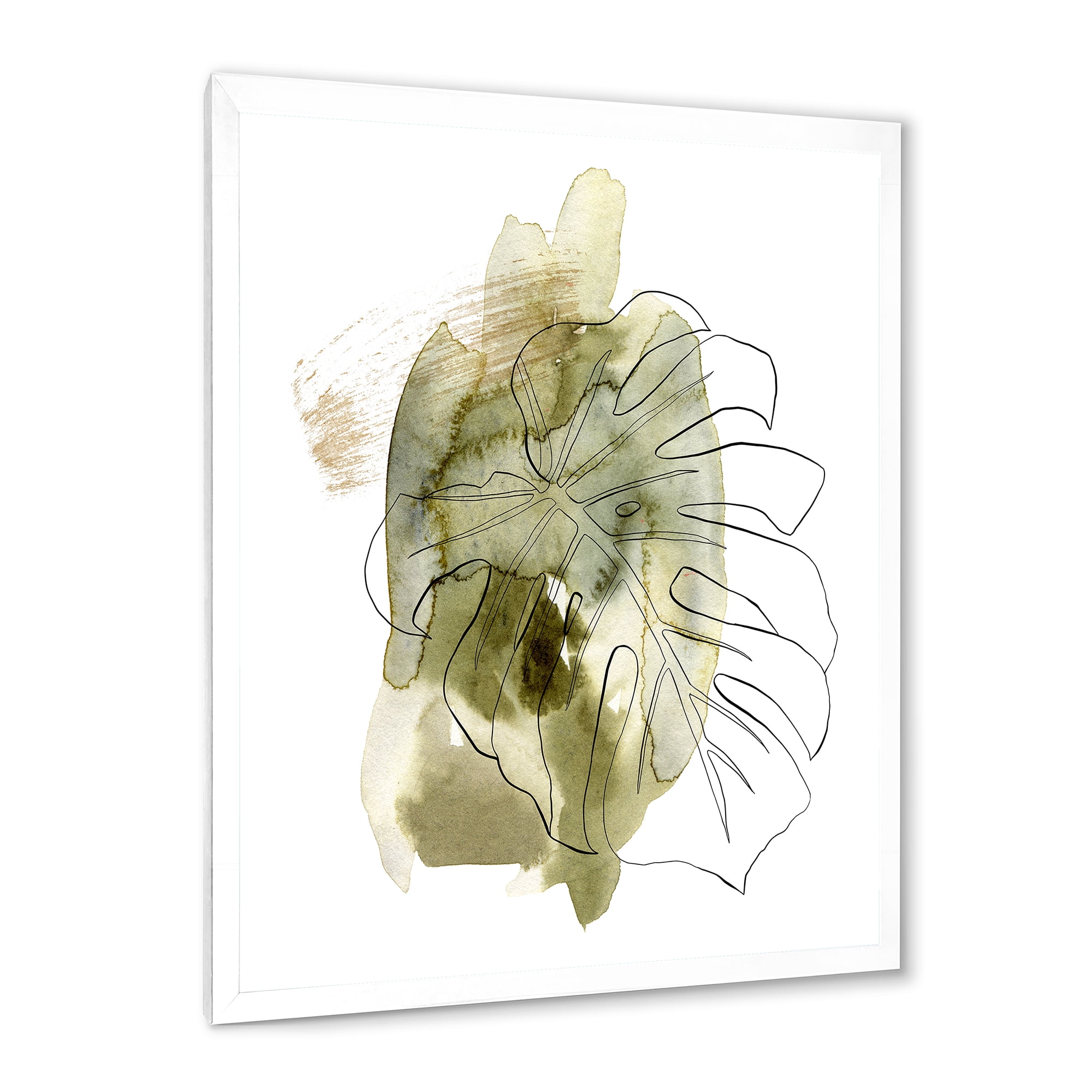 Designart 'Line Art Monstera Branch Tropical Abstract Leaves on Green' Traditional Framed Art Print