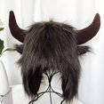 thumbnail image 3 of Joernso Winter Funny Hat Fake Cow Horn Decor Thunderbolt Thick Warm Faux Fur Ear Personality Unisex Windproof Fluffy Photo Prop Women Men Cap, 3 of 8