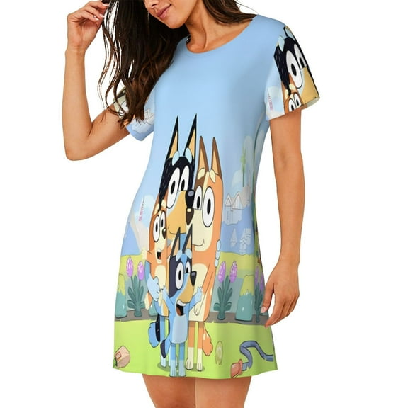 Saiise Women's Nightgown Sleepwear,Short Sleeve Pajama Dress,Bluey Print Loungewear for Home and Sleep