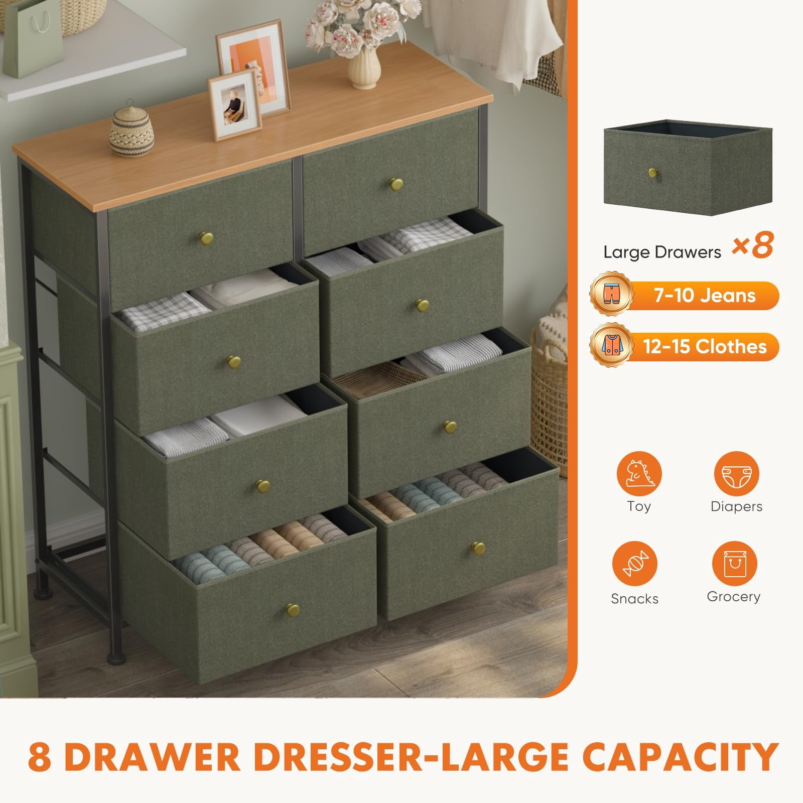 Telyra 8-Drawer Fabric Dresser Tall Storage Tower with Wood Top and Steel Frame Bedroom Closet Organizer, Greyish Green