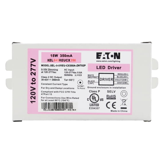 Eaton XEL-045REU-CX350A-ZNT02P LED Driver, 15W, 0-10V, 30-42Vdc, 350mA, 120-277V