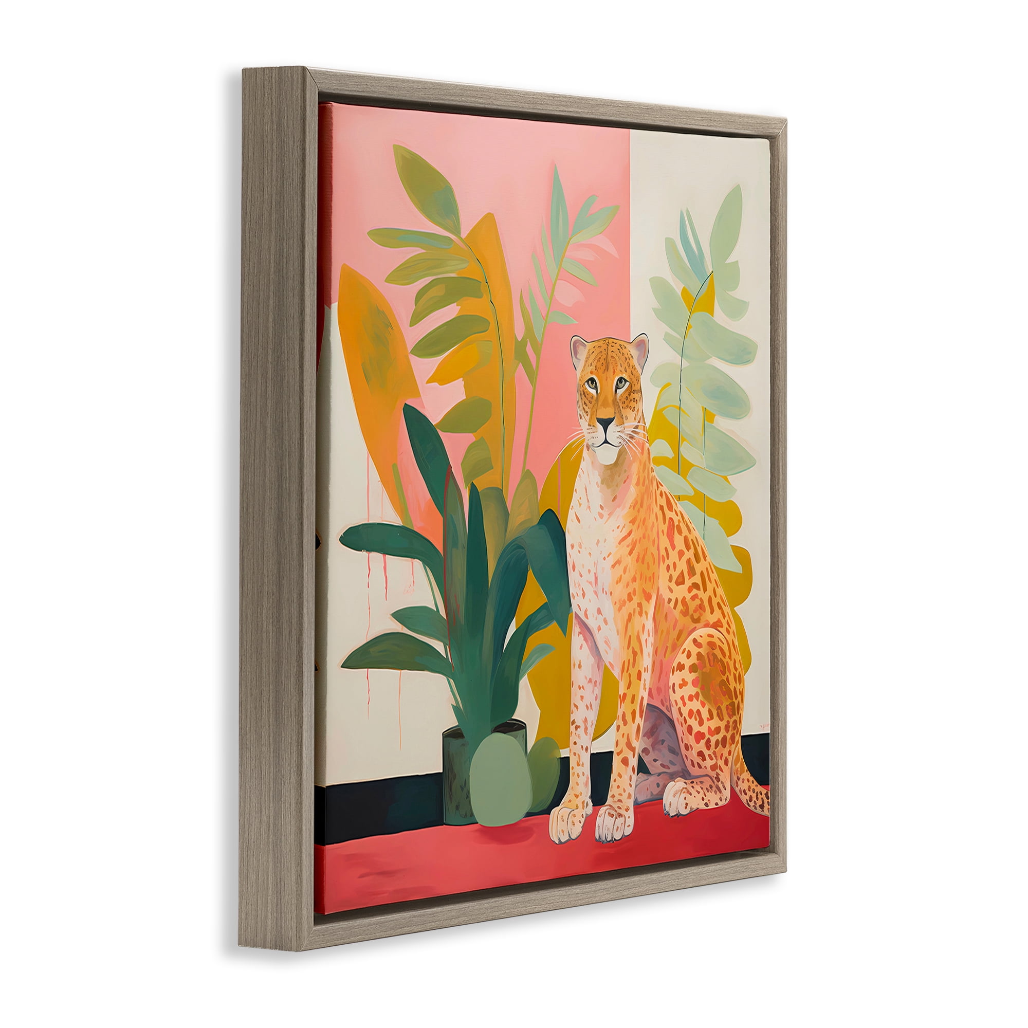 Stupell Industries Leopard Sitting with Plants Animals & Insects Painting Brown Floater Framed Canvas Art Print Wall Art, 18 x 18