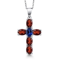 Gem Stone King 925 Sterling Silver Red Garnet and Blue Created Sapphire Cross Pendant Necklace for Women | 3.45 Cttw | Gemstone January Birthstone | Oval 6X4MM | With 18 inch Chain
