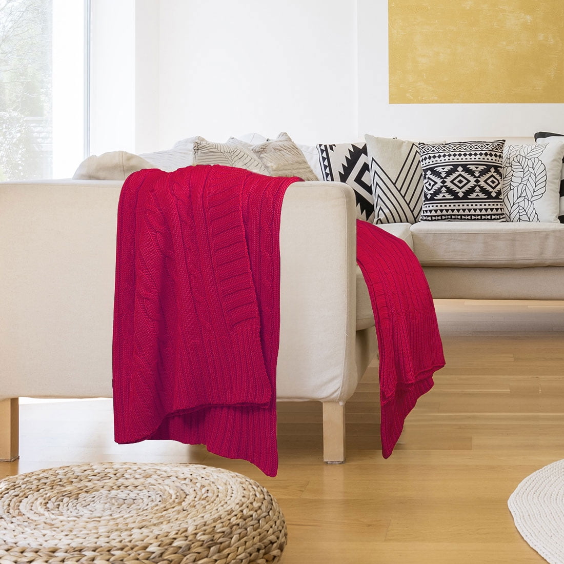 Unique Bargains Soft 100% Cotton Cable Knitted Throw Blanket For Couch Cardinal 50" x 60"