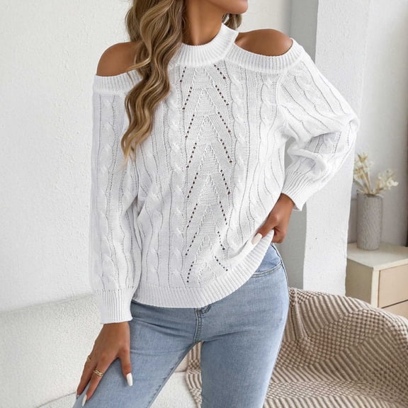 IUYRTFE Women's Cold Shoulder Cable Knit Sweater Long Sleeve Loose Fit Casual Pullover Top