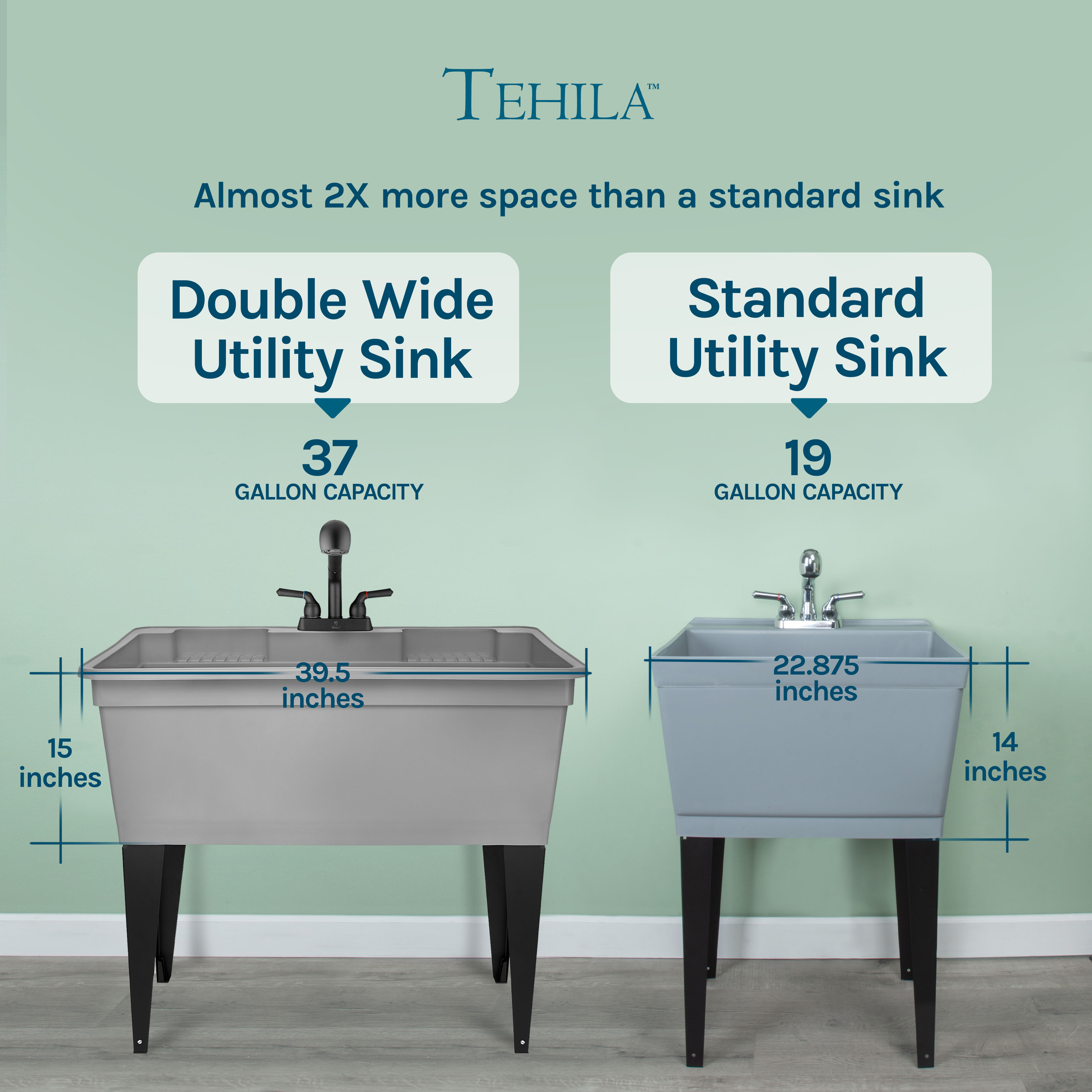 Tehila 37 Gallon Freestanding Grey Double Wide Utility Sink with Steel Legs and Black Pull-Out Faucet