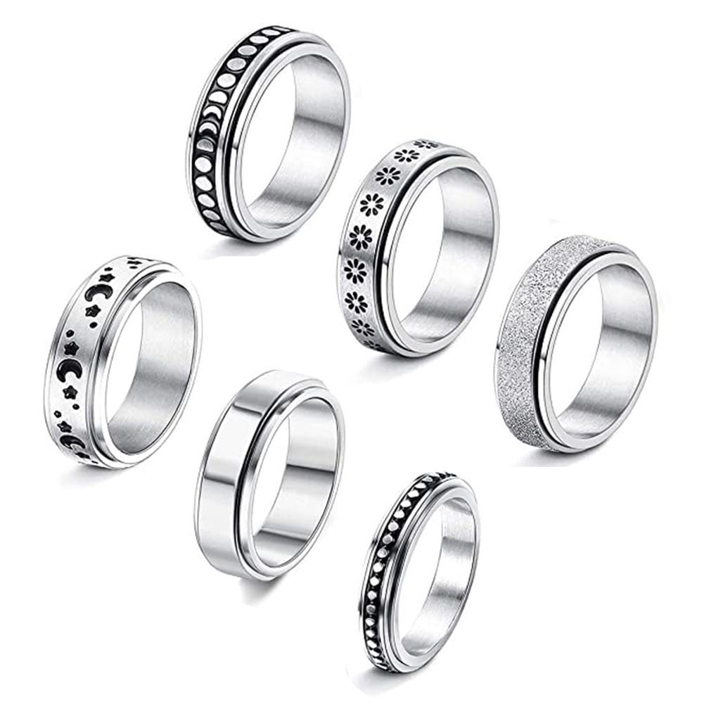 6Pcs Stainless Steel Spinner Ring for Women Moon Star Sand Blast Finish Ring Set Fidget Band Wedding Promise Rings Size 6-10