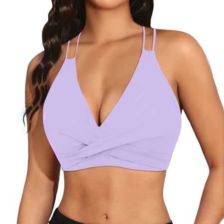 HABDGIKS 2025 Push Up Bikini Top Sexy Solid Twist Suspender Fringed Flash Backless Fringed Bra Halter Swimwear