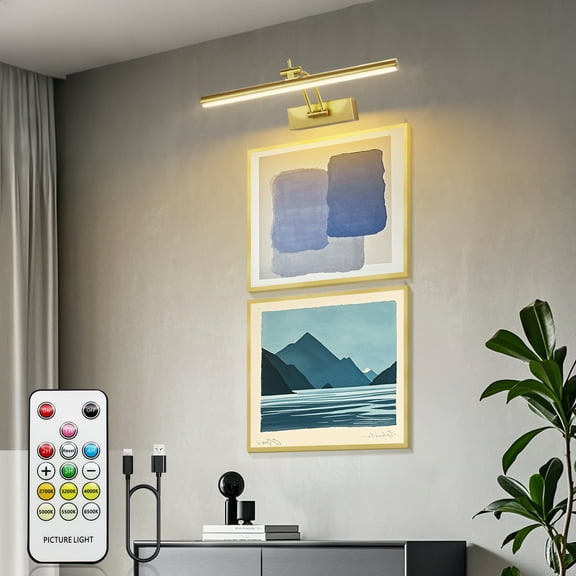 Solhice Wireless Picture Light,Battery Operated Picture Lights for Wall, 16" Remote Dimmable Art Light with Timer for Paintings, 300LM Metal Painting Light for Display, Frame, Portrait, Gallery(Gold)