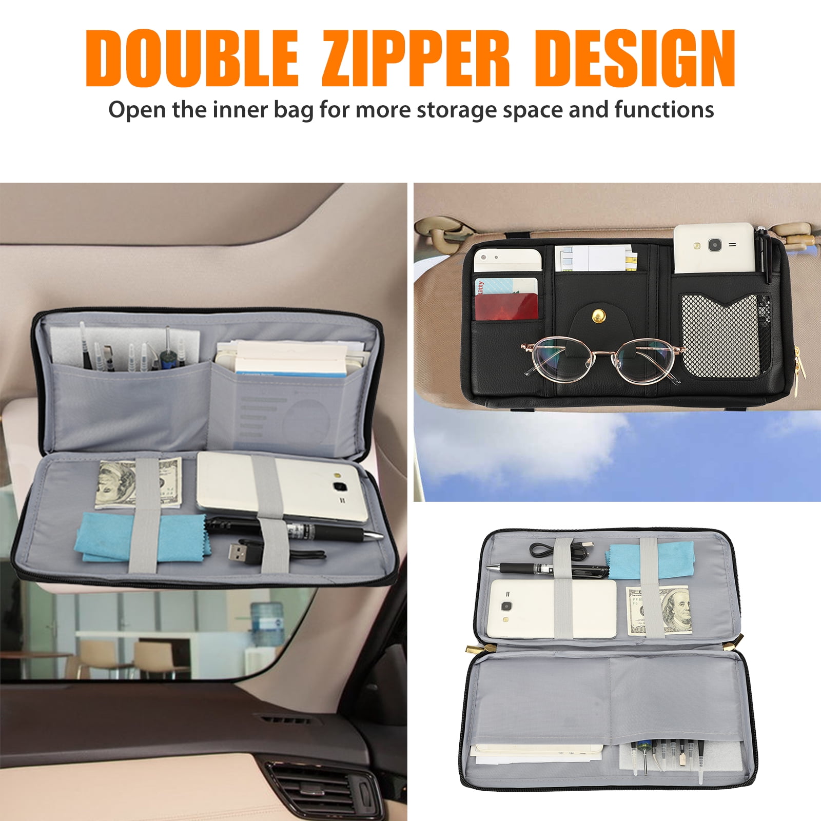 Car Sun Visor Organizer, EEEkit Auto Interior Accessories Pocket,  Sunglasses Holder Storage Pouch for Car, Multi-Pocket Net Zipper Case Bag  for Card