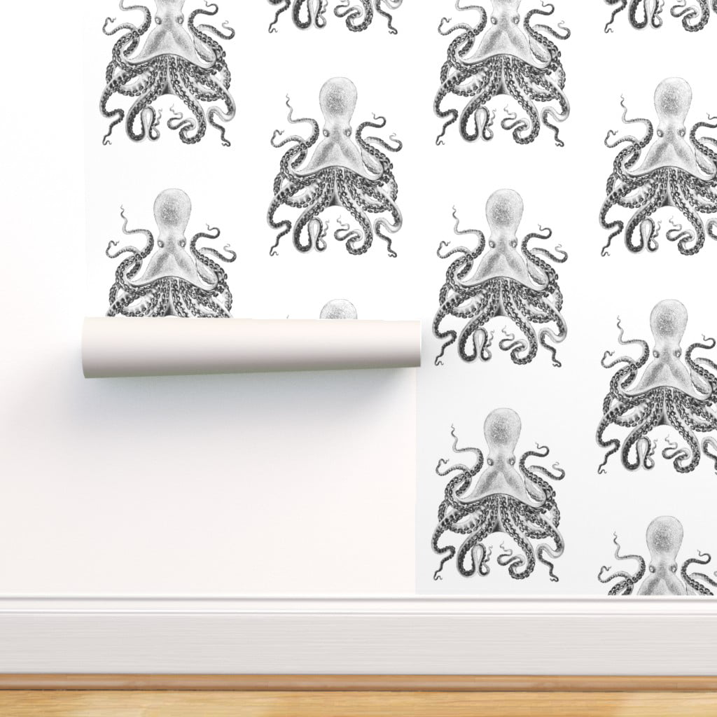 Peel & Stick Wallpaper 12ft x 2ft - Octopus White Black Steampunk Squid ...