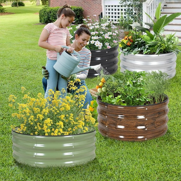 Galvanized Raised Garden Bed - 2Pcs Metal Planter Boxes Outdoor | 12" Tall 24" Round Steel Raised Bed Kit & Fire Pit Ring for Gardening with Protective Tape for Vegetables (Green)