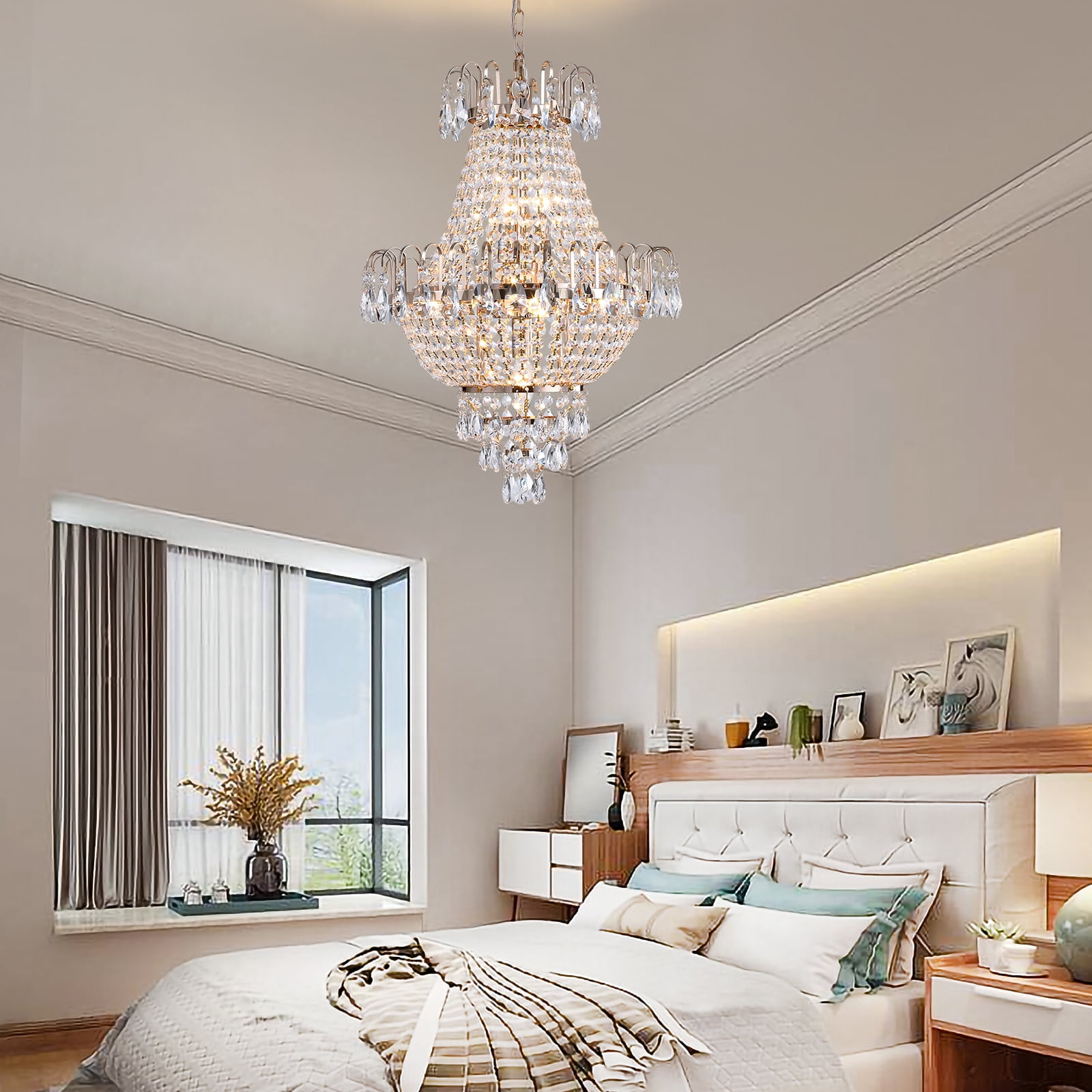 Crystal Chandelier 16.9'' 10-Light Pendant Light in French Gold Finish, Traditional Hanging Light Fixture with K9 Crystals and Adjustable Chain for Dining Room FoyerHigh Ceilings