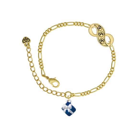Delight Jewelry Silvertone Small 3-D Blue Present Box with Bow Gold-tone Paw Infinity Link Chain Bracelet, 6" 2" Extender