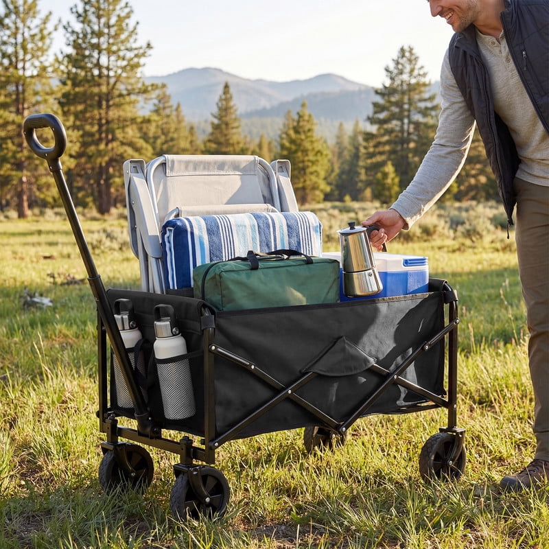 Gianna Collapsible Folding Wagon, Heavy Large Capacity Garden Wagon, Big Bucket Beach Cart with Multi-Terrain Brake Wheels for Outdoor Camping, Shopping, 28.7" X 18.7" X 35.4"，Black