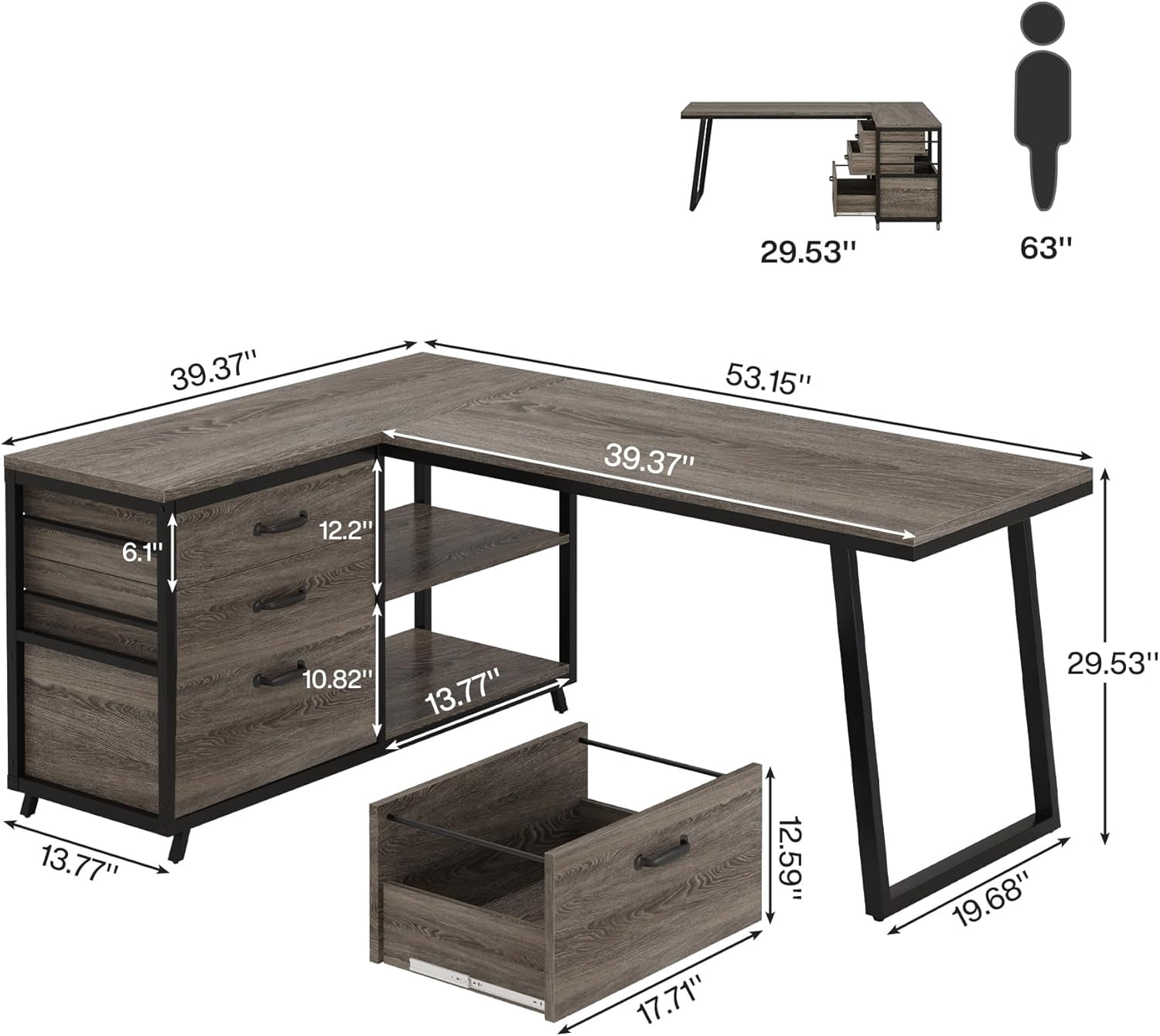 Tribesigns 53" L Shaped Office Desk, Reversible Corner Computer Desk with 3 File Drawers and 2 Storage Shelves for Home Office, Study, Gaming Room (Gray)