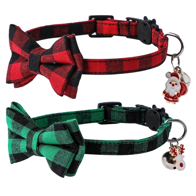 Paquete de 2 collares navideños para perros, collares clásicos para perros a cuadros de búfalo con pajarita extraíble, ajustable