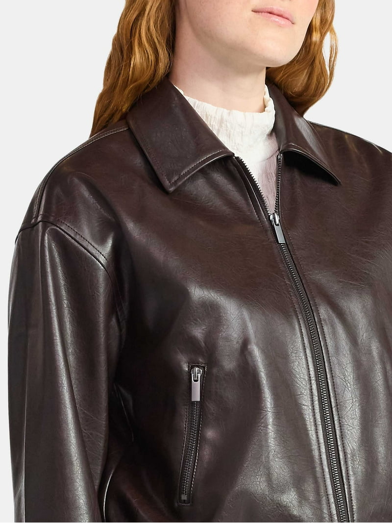 Time and Tru Women's Faux Leather Zip Jacket, Midweight, Sizes XS