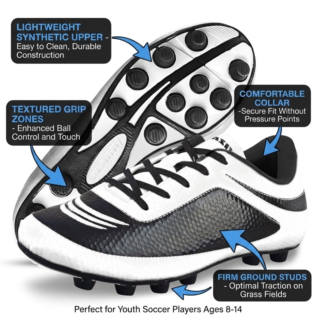 &nbsp;Vizari USA Infinity Soccer Cleats for Kids – Lightweight, Durable Youth Firm Ground Soccer Shoes for Boys and Girls - White Black, 11.5