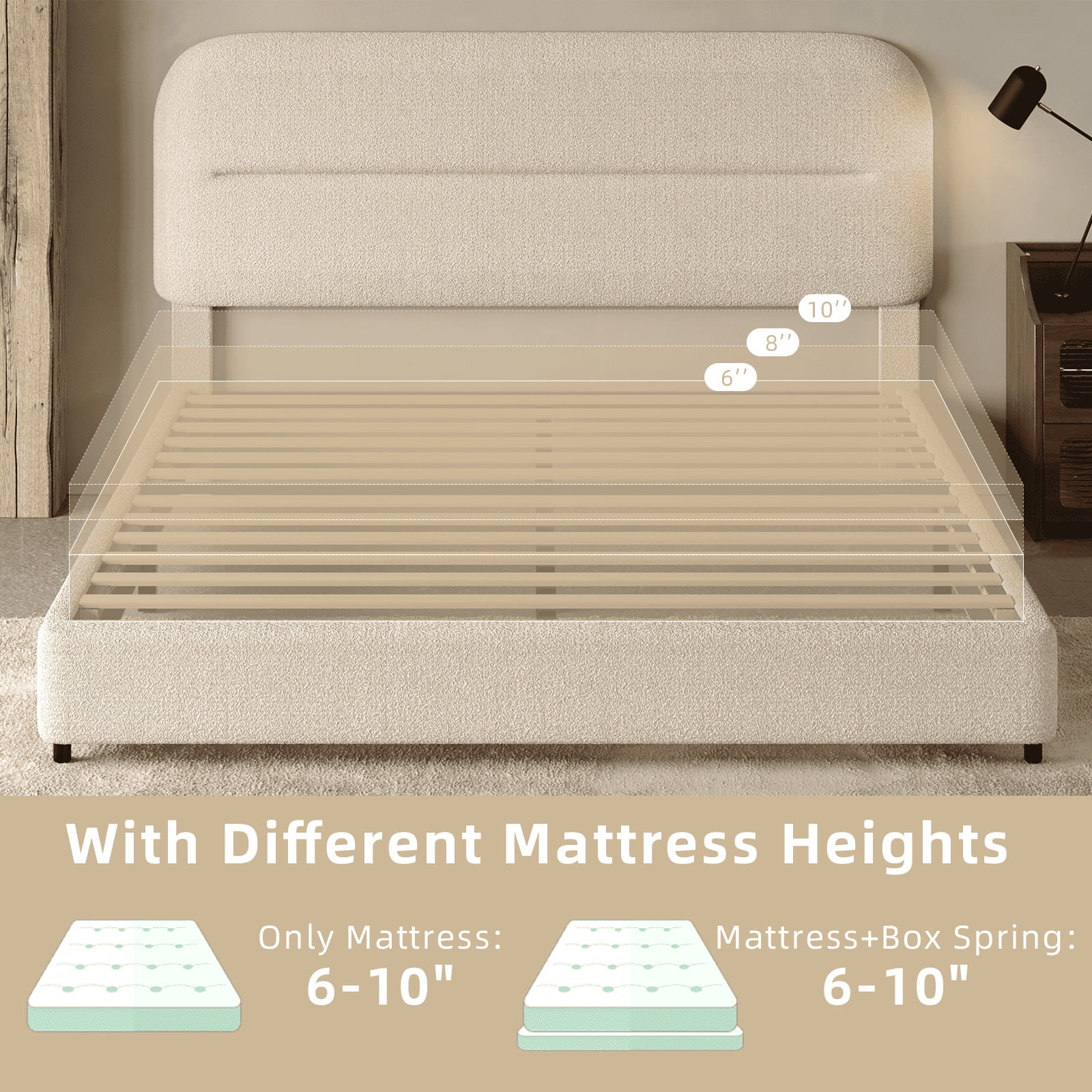 4 EVER WINNER Twin Bed Frame with Headboard, Cloud Boucle Upholstered Platform Bed with Wood Slats, Soft Rounded Corners, No Box Spring Required, Non-Slip and Noise-Free, Easy Assembly, Cream