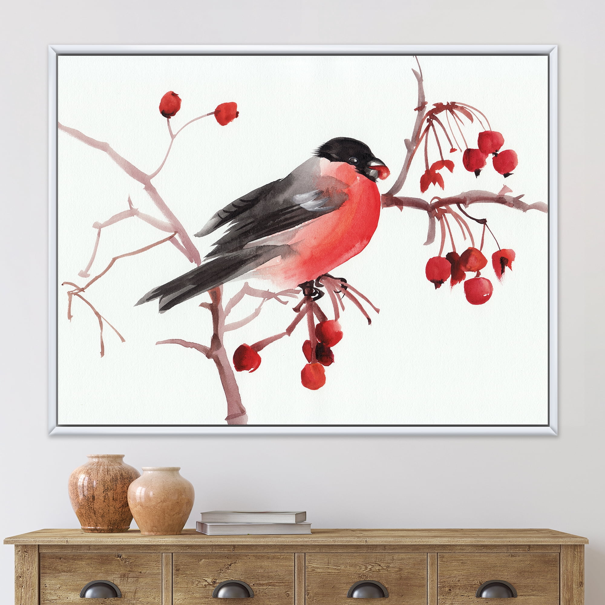 Designart 'Bullfinch Bird Sitting On A Branch' Traditional Framed Canvas Wall Art Print