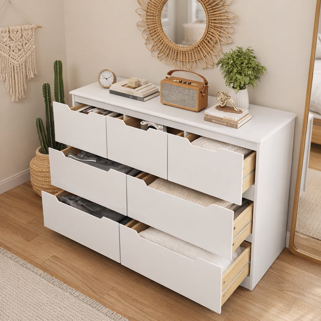 7-Drawer Dresser, 48" Handle-Free Modern Storage Chest - Engineered Wood Dresser for Bedroom, Living Room, Nursery & Entryway, White