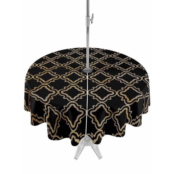 Outdoor Tablecloth with Umbrella Hole for Patio/Picnic/Party/Camping, Black Moroccan Waterproof Table Cloth Round Cover Washable, Geometric Abstract Art Modern (Dia 54")