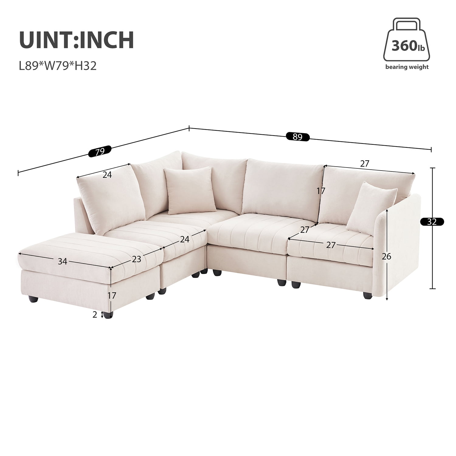 Hommoo Modern Sectional Sofa with 2 Pillows, 5-Seat L-Shaped Couch Sofa Set with Ottoman, Modern Indoor Living Room Furniture, for Various Combinations,Apartment, Beige